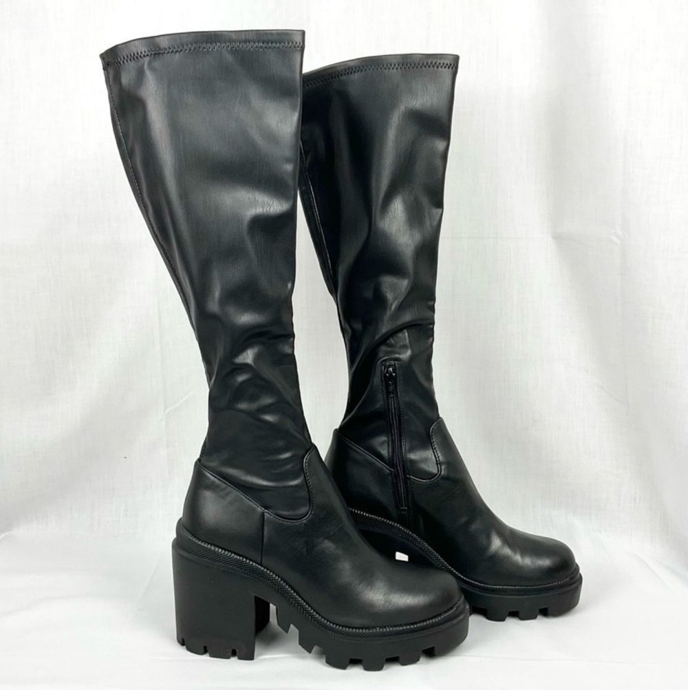 Steve Madden Black Platform Boots Tall Faux Leather Roxanna Lug Sole New - Picture 2 of 8